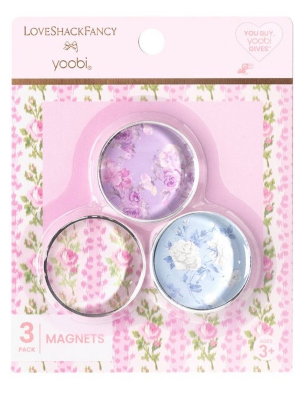 NWT. LoveShackFancy Floral Round Magnet Trio - Pink, Lavender, Light Blue